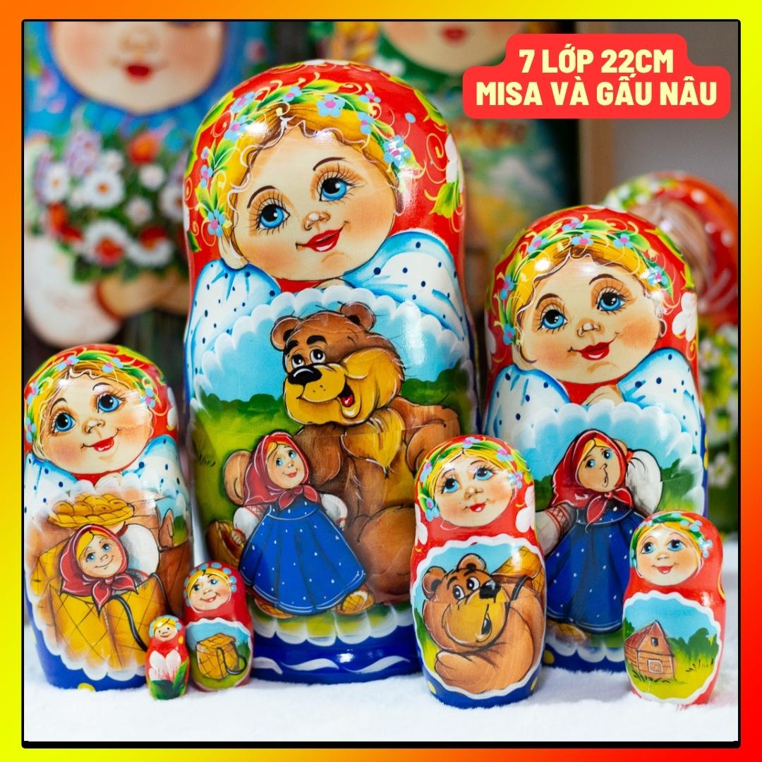BỘ BÚP BÊ NGA MATRYOSHKA 7 LỚP 22CM HOA VĂN "MISA VÀ GẤU NÂU" RẤT ĐẸP VÀ DỄ THƯƠNG