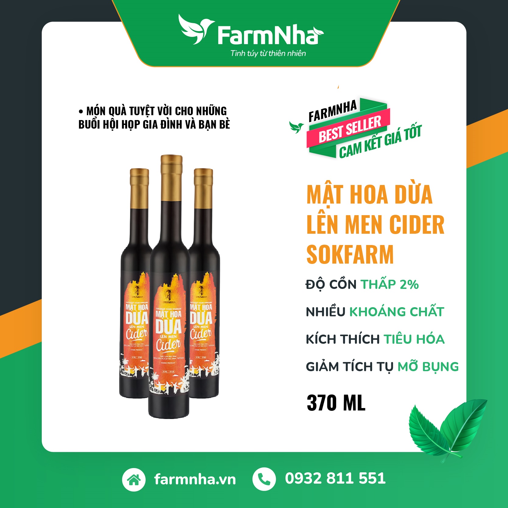 Mật Hoa Dừa Lên Men Cider - Hàng chính hãng - Độ cồn thấp 2% - Chứa nhiều khoáng chất có lợi cho sức khỏe như kali, natri, phốt pho [FARM NHÀ VIỆT]