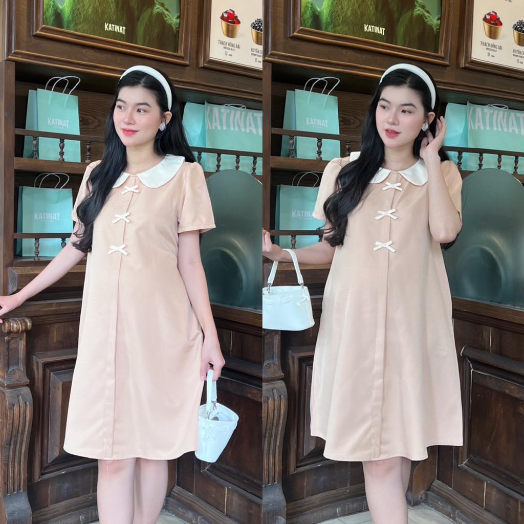 Đầm bầu công sở cổ sen đính 3 nơ dễ thương chất cotton lạnh mềm mịn - Hồng