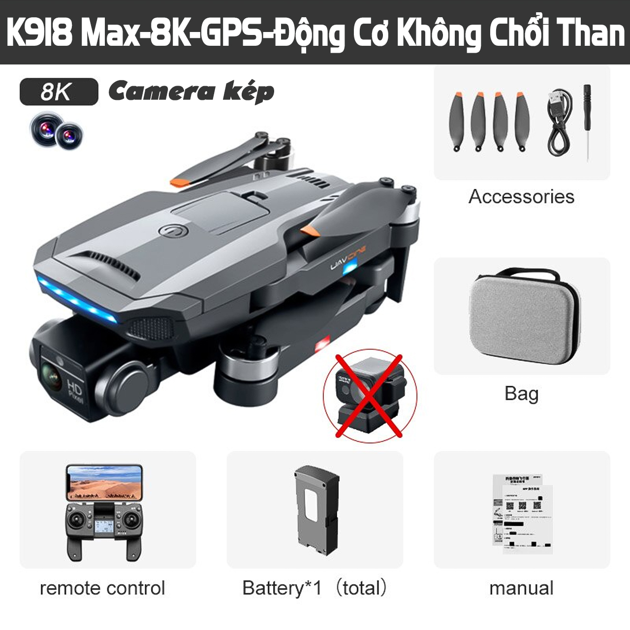 Flycam Mini K918 MAX G.P.S - Máy Bay Điều Khiển Từ Xa Camera HD FPV 1.2Km Chụp Ảnh Trên Không Cảm Biến Tránh Vật Cản xoay 360 độ Không Chổi Than Bay 30 Phút 5GWIF Mẫu Mới 2022 - Hàng Chính Hãng