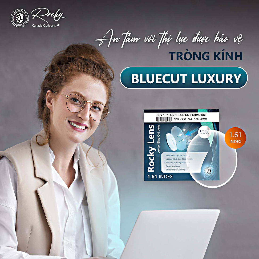 Tròng Kính Rocky Luxury Bluecut 1.61 ASP Chống Ánh Sáng Xanh