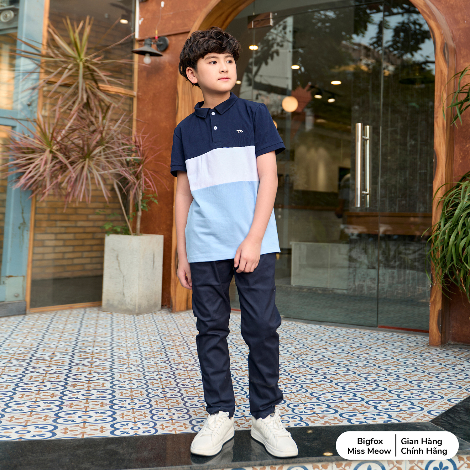 Áo thun Polo bé trai ngắn tay size đại Bigfox Miss Meow vải cá sấu cotton cổ bẻ phối màu cỡ trẻ em 7-15 tuổi 30kg 40kg