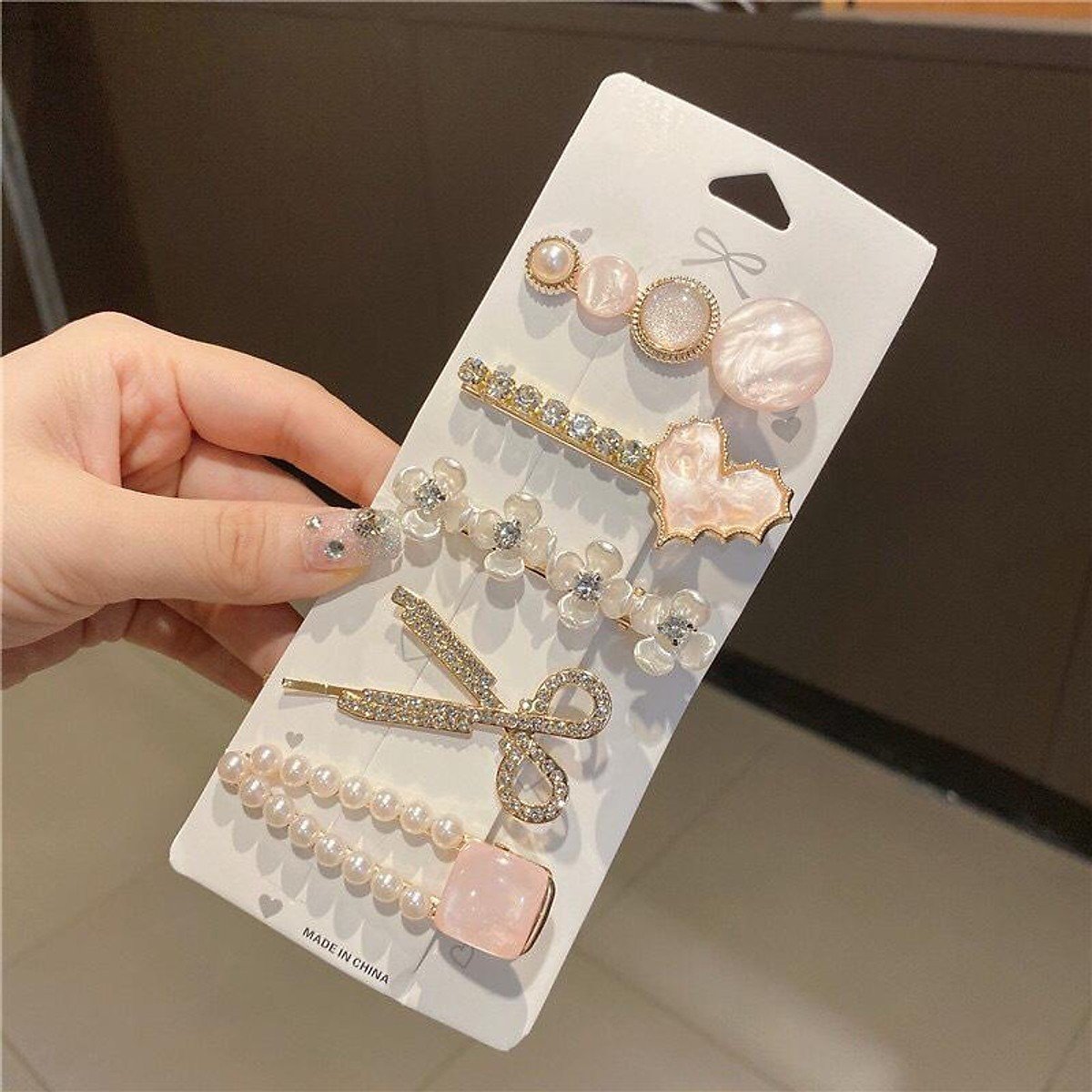 Set 5 Kẹp Tóc Hạt Ngọc Đính Hạt Lấp Lánh Dễ Thương