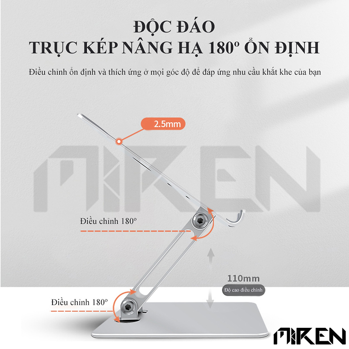 Giá Đỡ dành cho Ipad - Máy Tính Bảng - Điện Thoại Hợp Kim Nhôm Nguyên Khối - 2 Trục Điều Chỉnh Góc Độ Tùy Thích - Khe Rãnh Mặt Tựa Giúp Gia Tăng Tản Nhiệt - Miren Hàng Chính Hãng