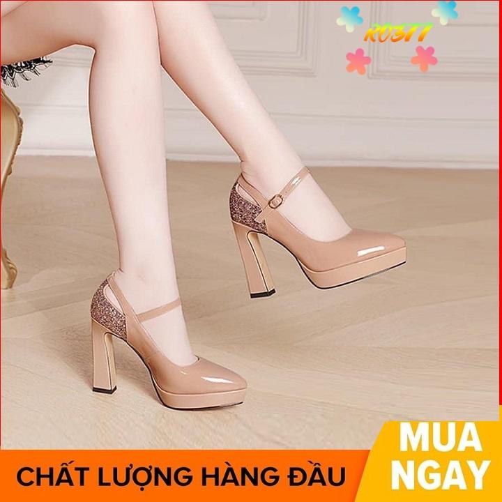 Giày cao gót nữ đẹp đế vuông 9 phân hàng hiệu rosata màu đen da ro377