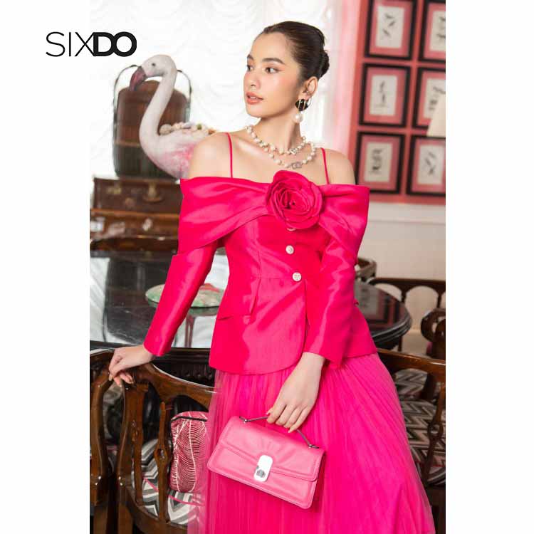 Áo taffta trễ vai phối hoa cúc ngọc sang trọng SIXDO