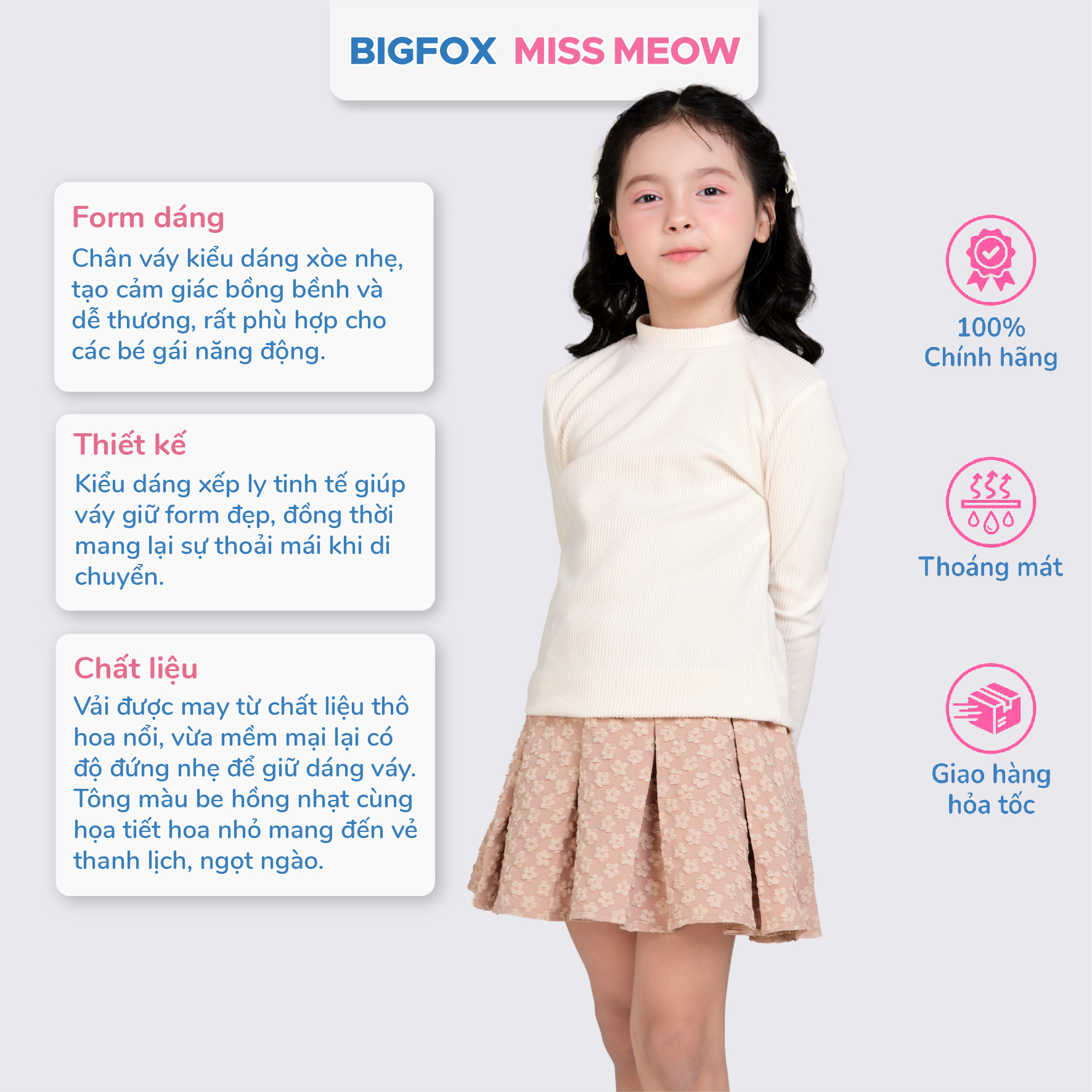 Chân váy bé gái xếp ly Bigfox Miss Meow size đại có quần bảo hộ cho trẻ em 7-11 tuổi 25-35kg