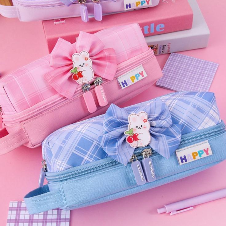 Hộp Bút Vải Cute Nhiều Ngăn Cho Bé Gái Nơ Happy  BU22
