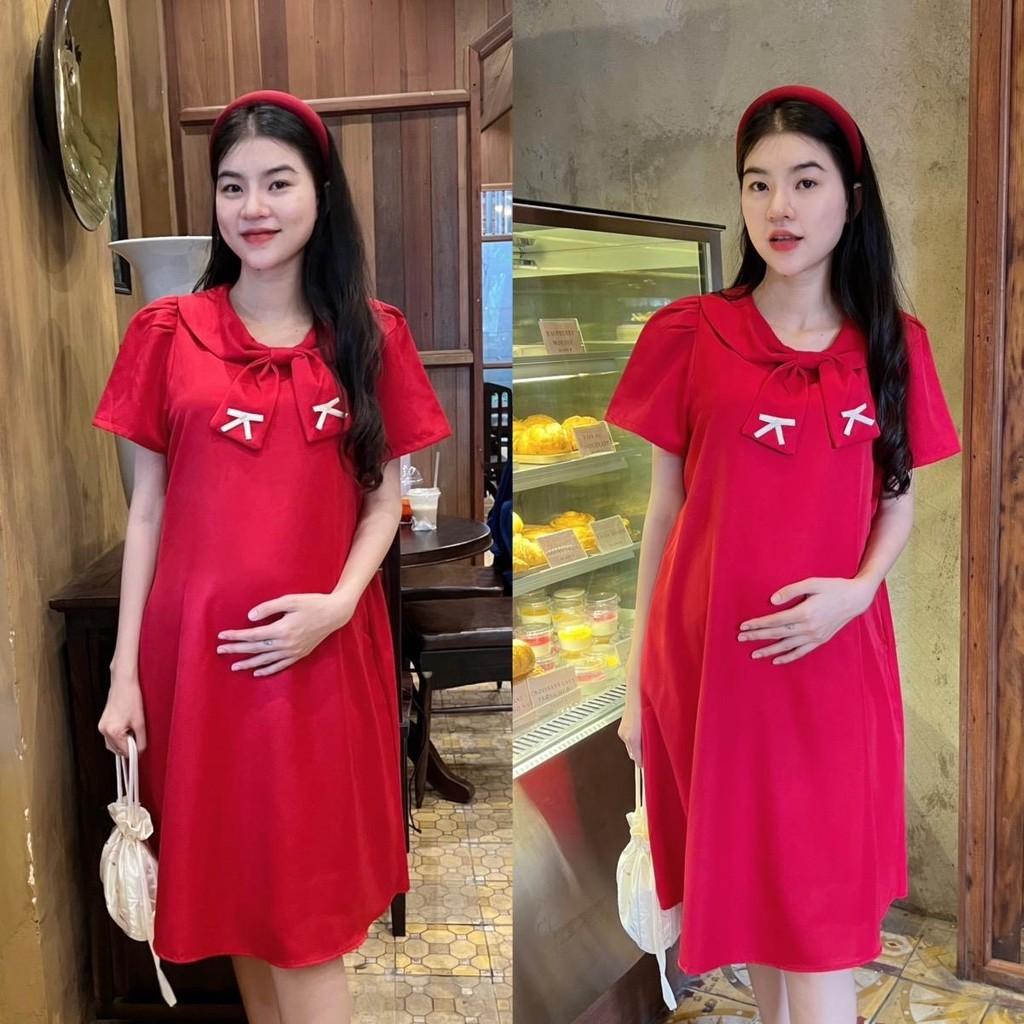 Đầm bầu cotton lạnh phối cổ thắt nơ phom suông gọn dáng, thanh lịch, dễ thương - Xanh đen