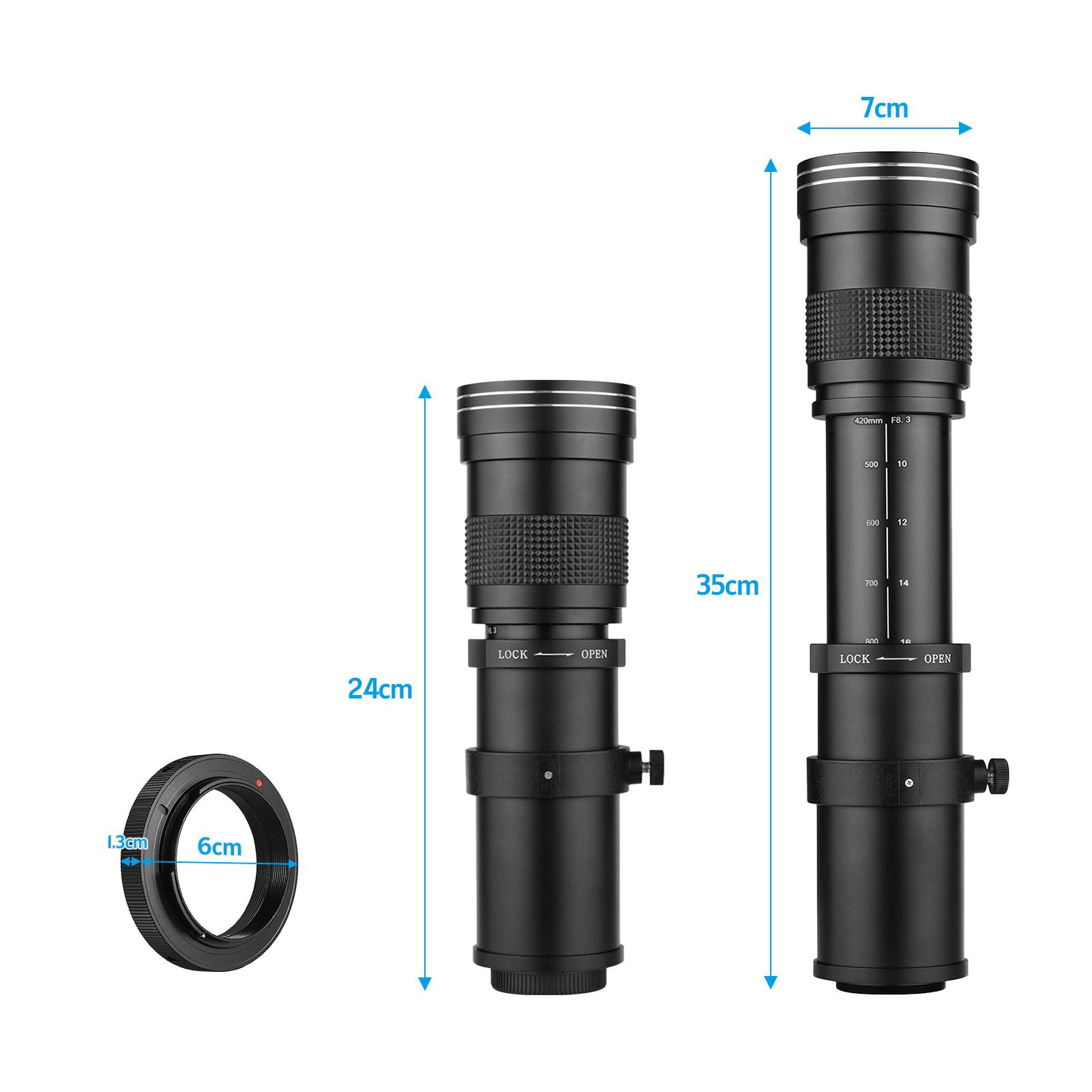 Camera MF Super Telephoto Zoom Lens F/8.3-16 420-800mm T2 Mount with AI-mount Adapter Ring 1/4 Thread for Nikon