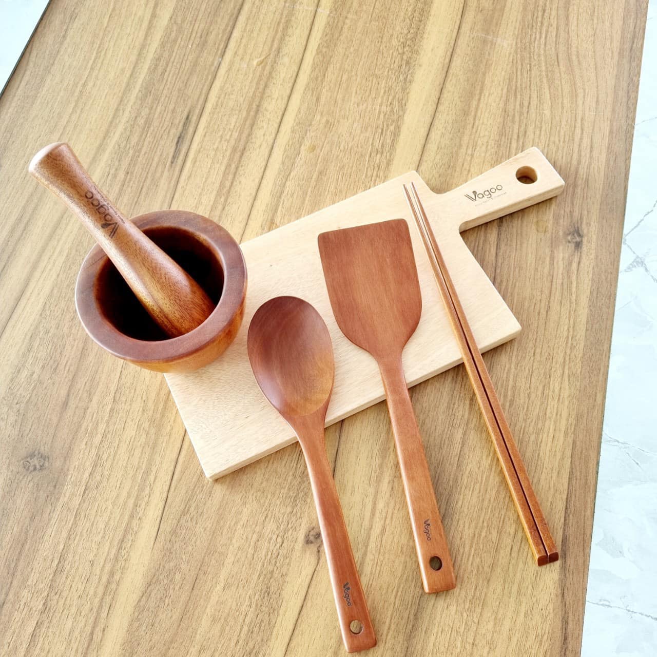 Bộ Dụng Cụ Bếp Bằng Gỗ Nhãn Tự Nhiên - VAGOO - Làm Thủ Công Chống Thấm, Chống Ẩm Mốc, An Toàn Sức Khoẻ