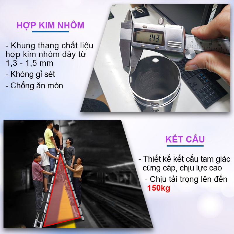 [HOT] Thang nhôm rút đôi có bánh xe di chuyển tiện lợi, thanh giằn gia cố, khóa thang 2 lớp - NIKITA