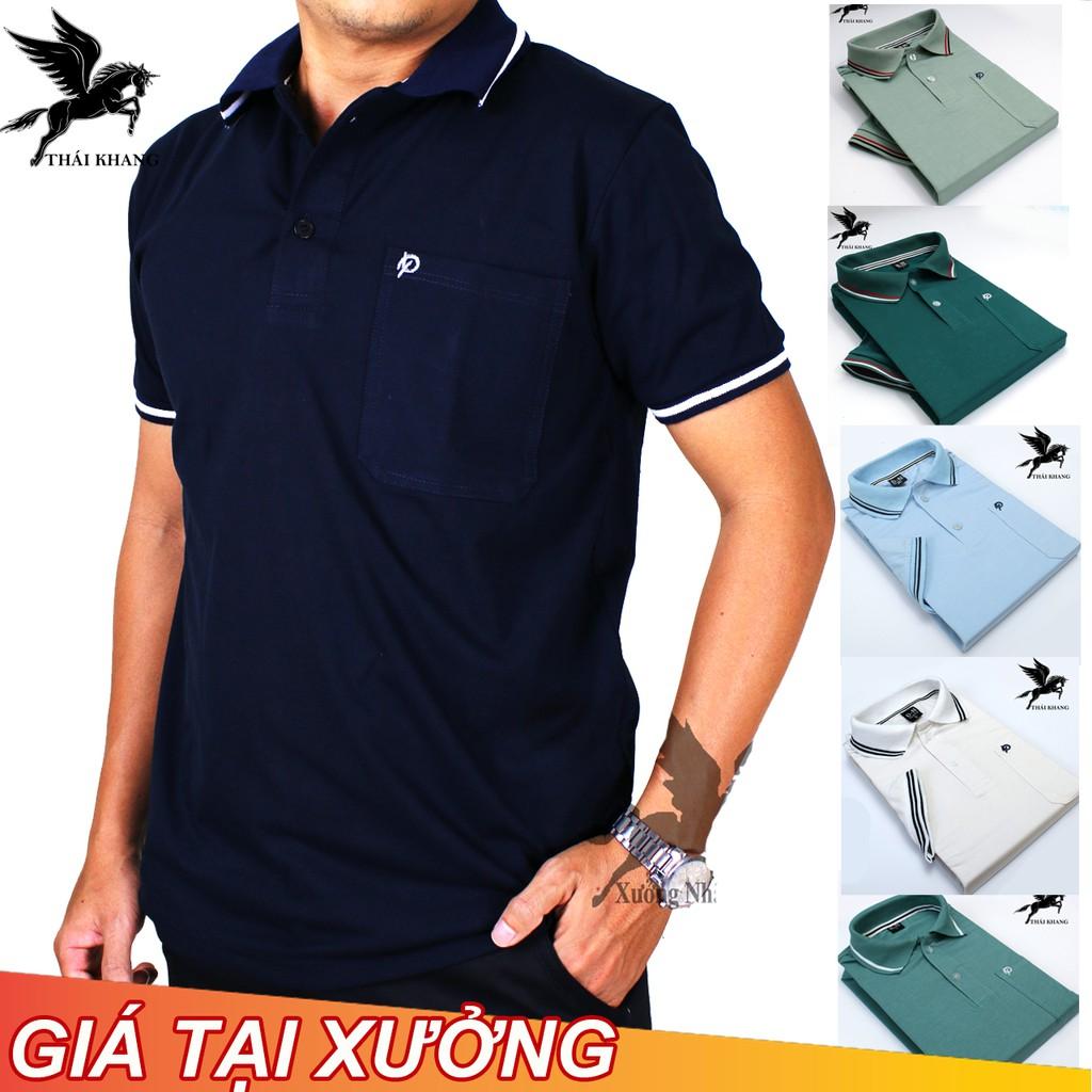 Áo thun polo nam ngắn tay có cổ có túi trung niên coton cao cấp vải cotton Thái Khang