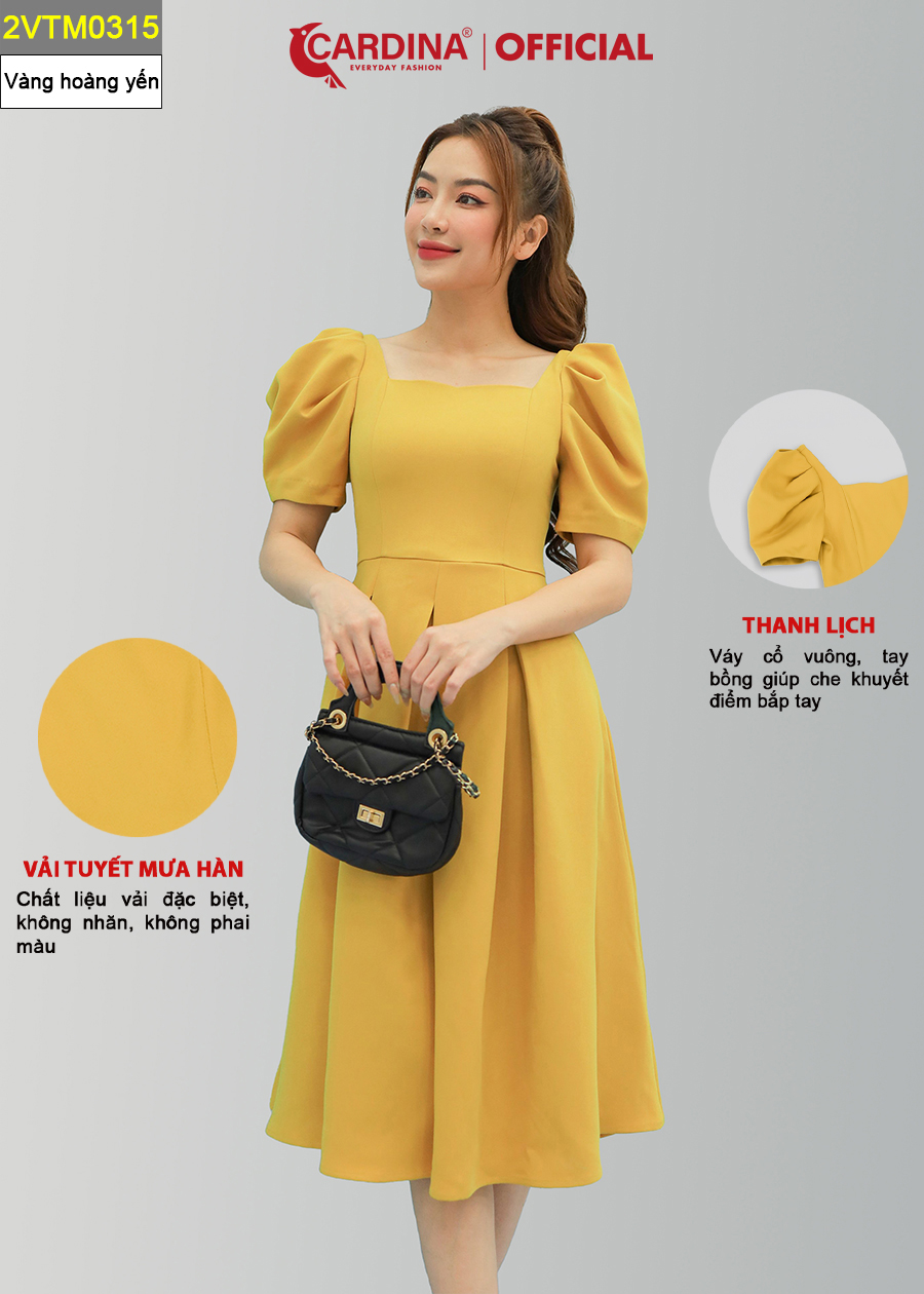 Đầm Nữ CARDINA Chất Tuyết Mưa Cao Cấp Xếp Ly Dáng Xòe Chữ A Cổ Vuông Tay Bồng Tôn Dáng Sang Trọng 2VTM03