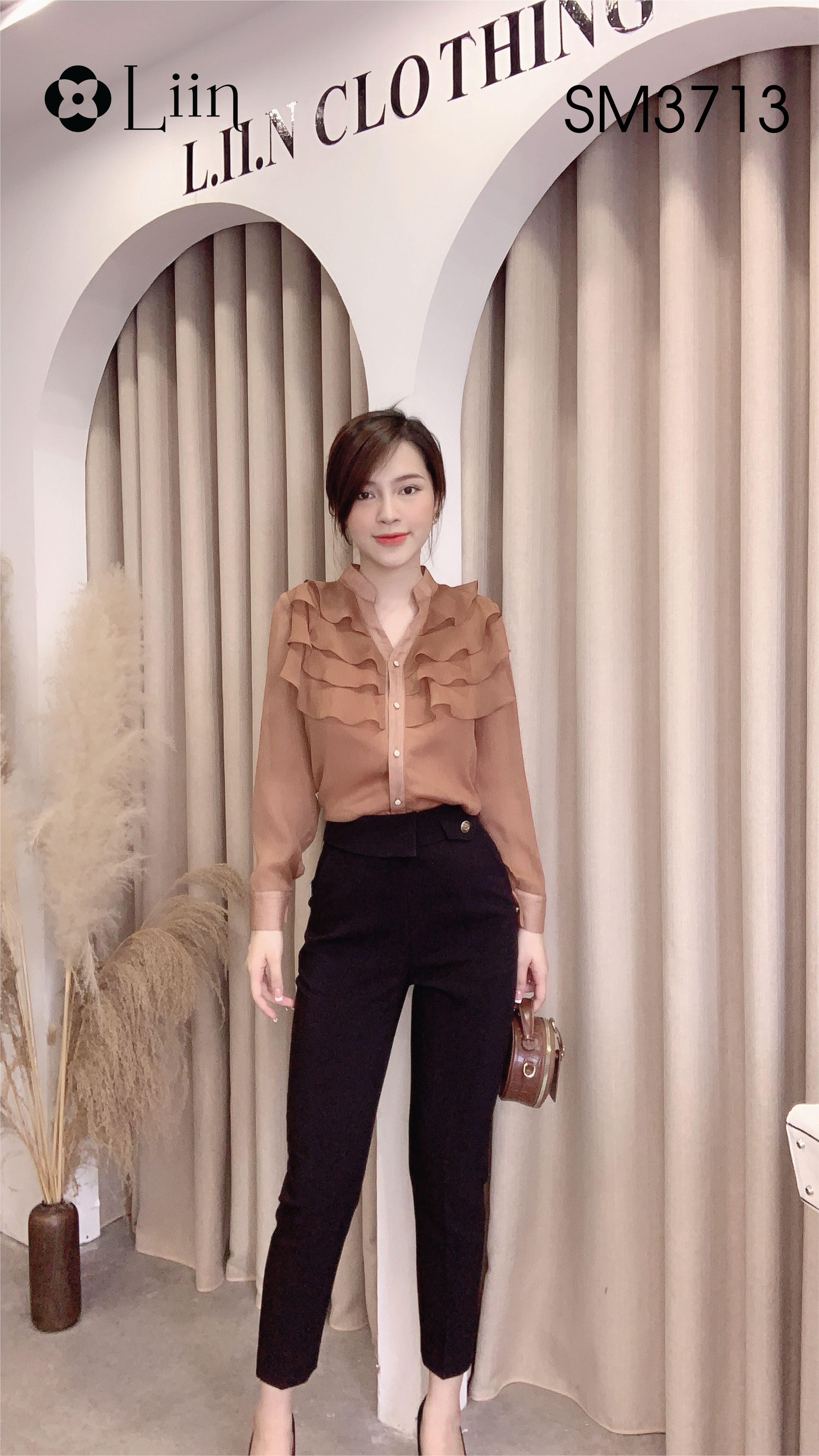Áo sơ mi dài tay màu nâu mix cổ tàu cách điệu bèo tầng xinh xắn LINBI SM3713