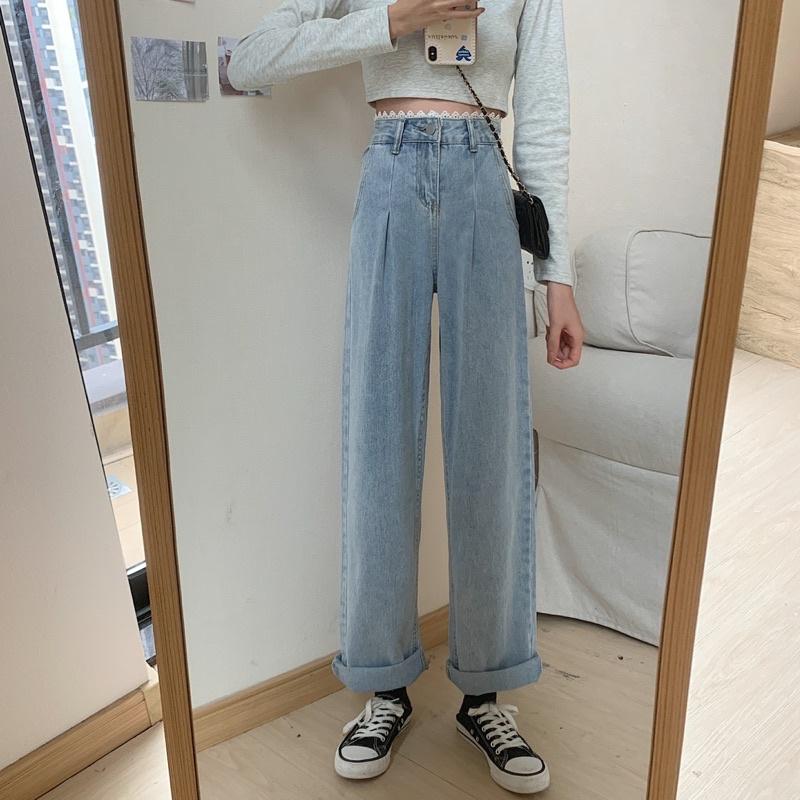 Quần jeans ống suông rộng viền ren cạp cao xanh nhạt
