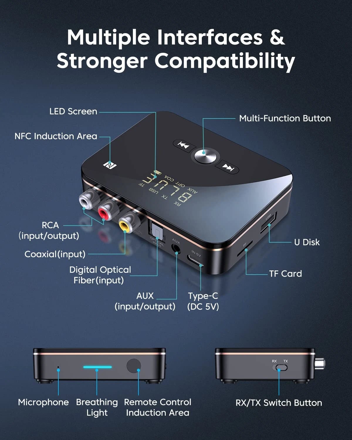 ROGTZ - Bộ Thu Phát Bluetooth Đa Năng M8 NFC, Chip AC6951C, Bluetooth 5.0, Màn Hình LED, Pin Lithium-ion 3.7V/500mAh, 8h, Phạm vi truyền 10m, Kết nối  AUX 3.5mm/RCA kép/Coaxial/Optical, Màn LCD, Hỗ Trợ Nhiều Giao Diện - Hàng Chính Hãng