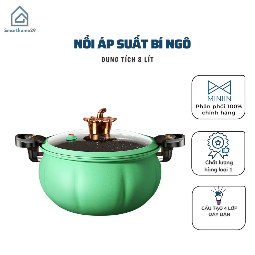 Nồi Áp Suất Bí Ngô Thông Minh Nồi Hầm 4in1 Đa Năng 8L , Hầm Gà, Cháo - Nồi Chiên, Xào, Nấu Lẩu, Nấu Cơm - Tặng Kèm Xửng Hấp - Chính Hãng MINIIN