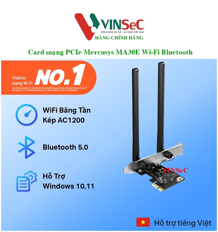 Card mạng WiFi PCIe Mercusys MA30E AC1200 + Bluetooth 5.0 - Hàng Chính Hãng