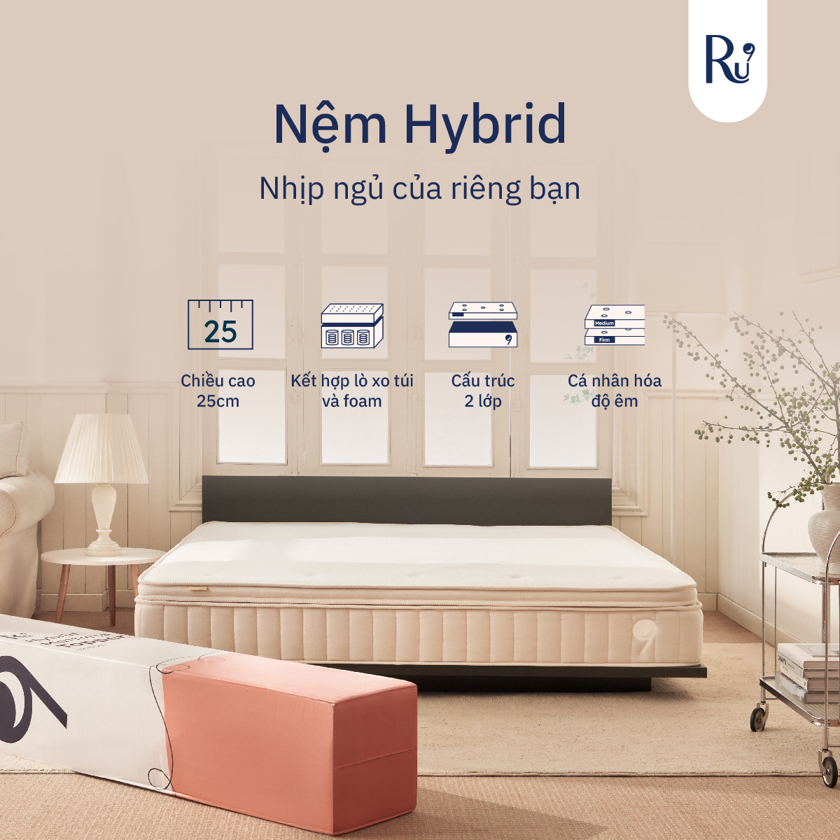 Nệm Hybrid Ru9 25cm - Công Nghệ Mới Kết Hợp Túi Lò Xo Và Foam | 100 Đêm Ngủ Thử Topper | Tùy Chọn Độ Êm | 4 Kích Thước