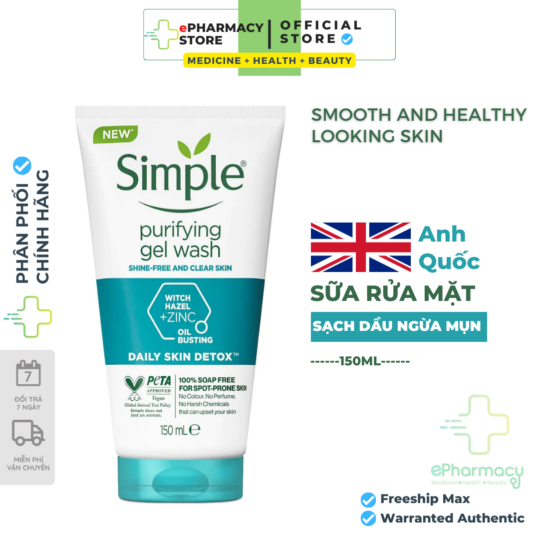 Sữa rửa mặt SIMPLE Purifying Gel Wash kiềm dầu, ngừa mụn hiệu quả - cho da dầu mụn 150ml