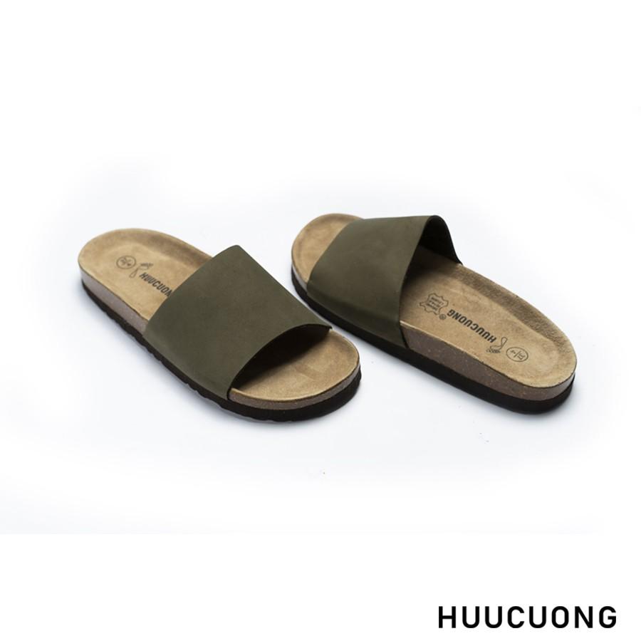 Dép unisex Huucuong 1 quai da bò rêu đế trấu handmade