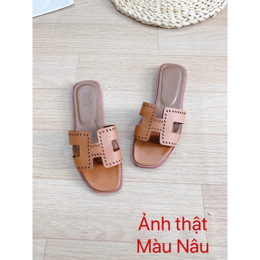Dép lê nữ da sần đế bệt quai chữ H