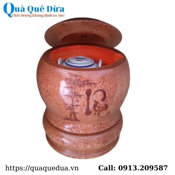 Bình Giữ Ấm Trà Gỗ Dừa Khắc Hoa Văn Lồng Chữ Lộc Và Bình Trà 700 - 950ml - - Sản Phẩm Được Sản Xuất Tại Bến Tre