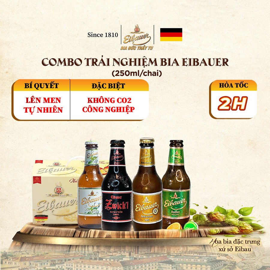 Bia Đứcsince 1810 Combo Trải Nghiệm Bia Tươi Eibauer - Men Sống Thượng Hạng - Nhập Khẩu Chính Hãng - 6 Chai Bia Vàng