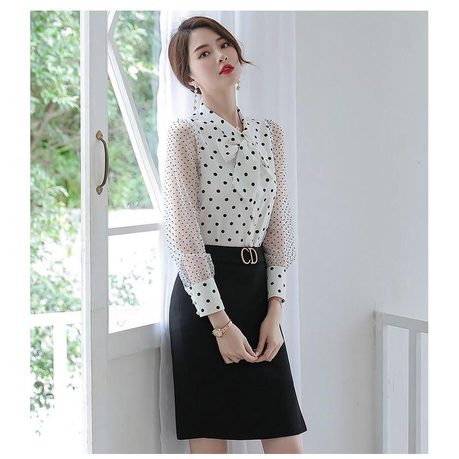 Áo sơ mi chấm bi phối nút cột nơ BY6359