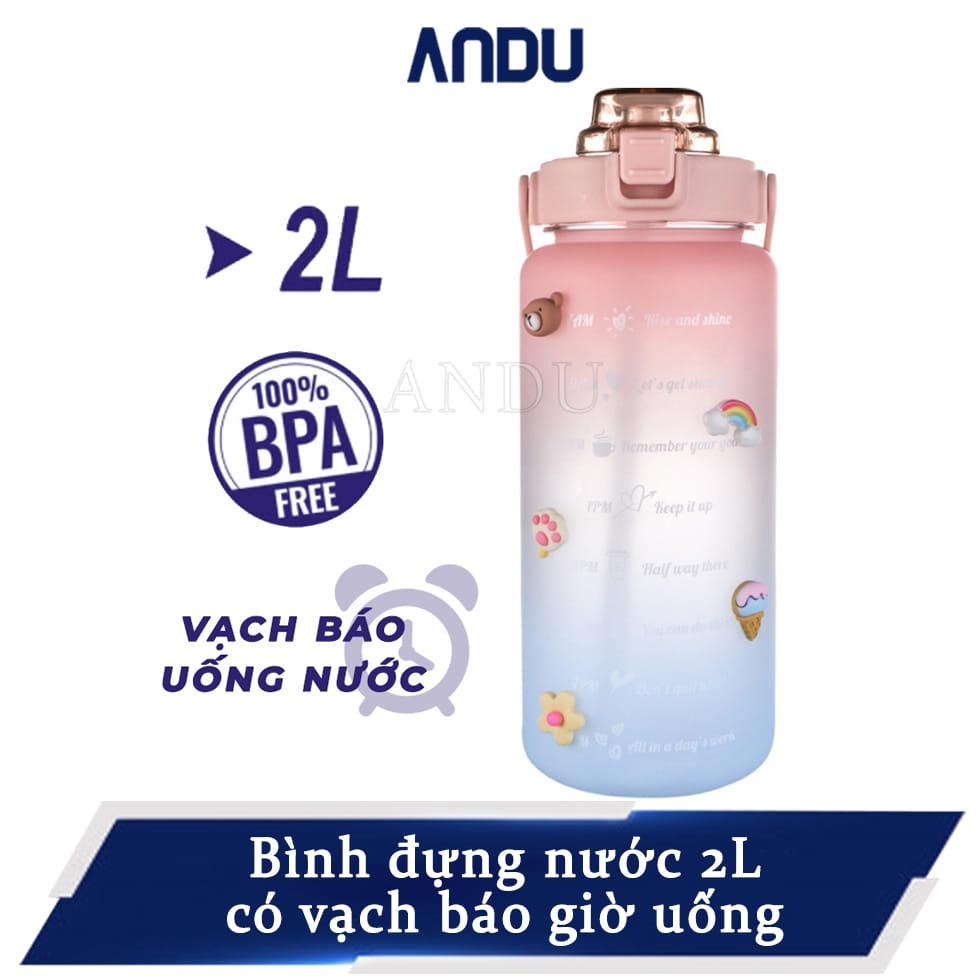 Bình Nước Thể Thao Dung Tích 2L Kèm Ống Hút , Bình Nước Kute Có Chia Giờ Uống
