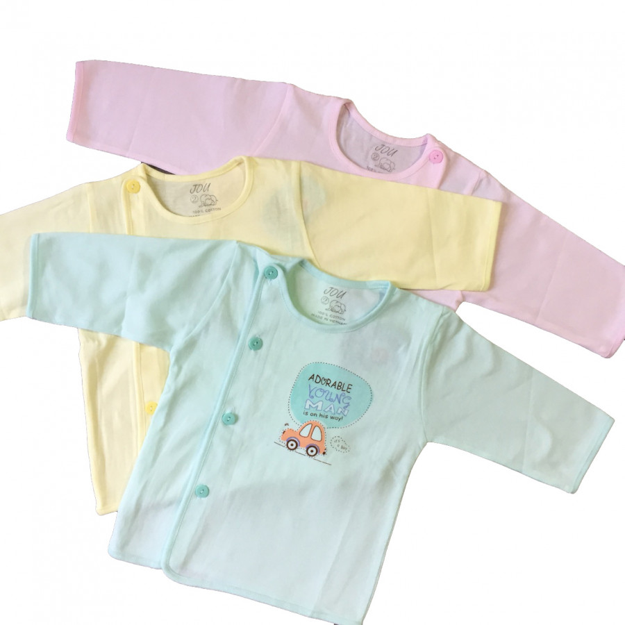 Combo 3 áo sơ sinh cotton 100% tay dài cài nút lệch màu jou cho bé trai, bé gái, chất vải mềm, mịn, thoáng mát, thấm hút mồ hôi, hàng chất lượng