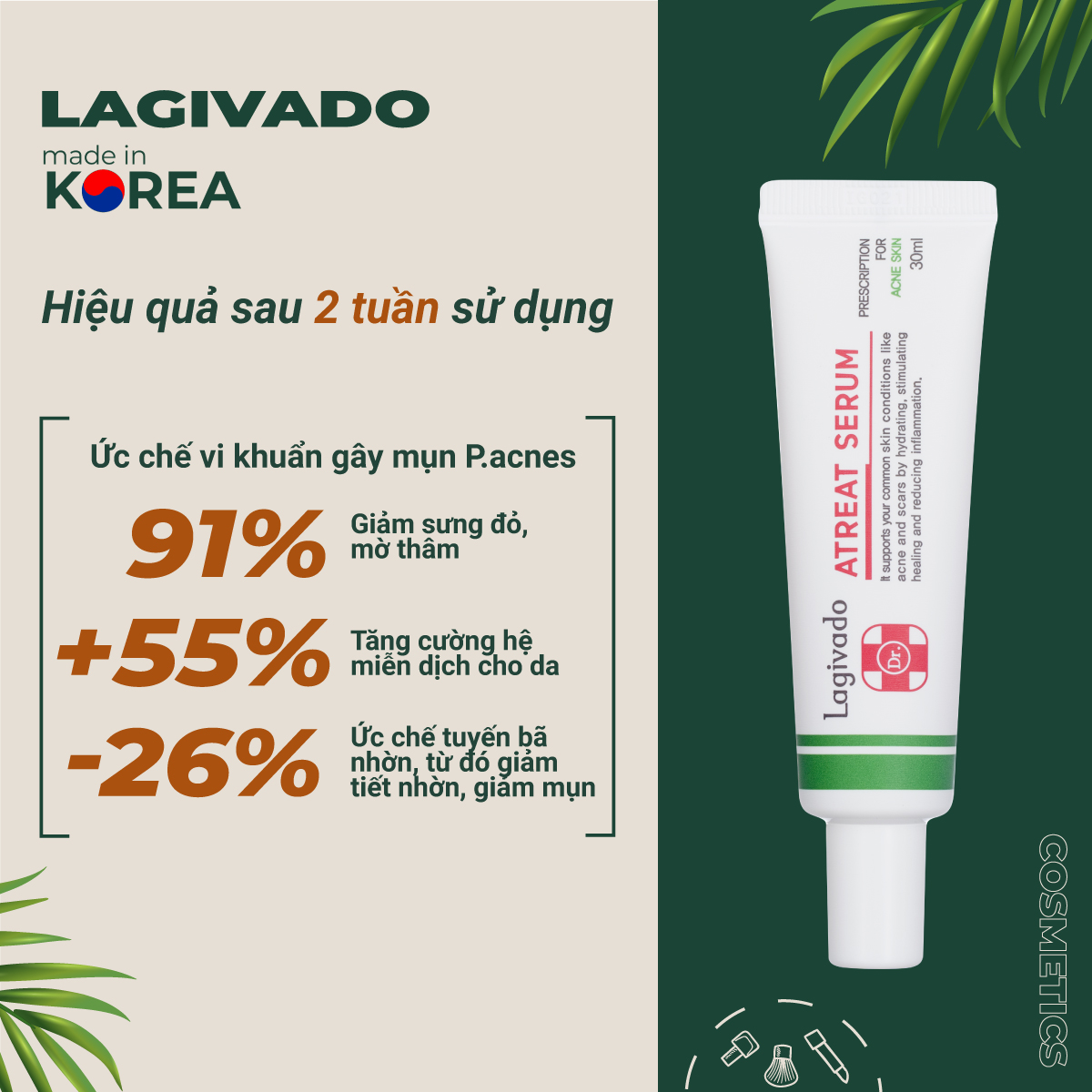 Bộ ba kem dưỡng ngăn ngừa mụn, giảm mụn viêm Lagivado Atreat Cream 30g và serum ngừa thâm, không để lại sẹo 60 ml