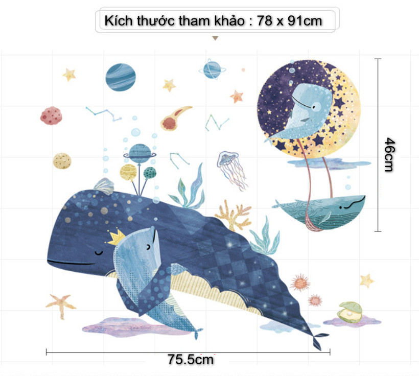 Decal trang trí tường - 2 Mẹ con cá voi ôm nhau
