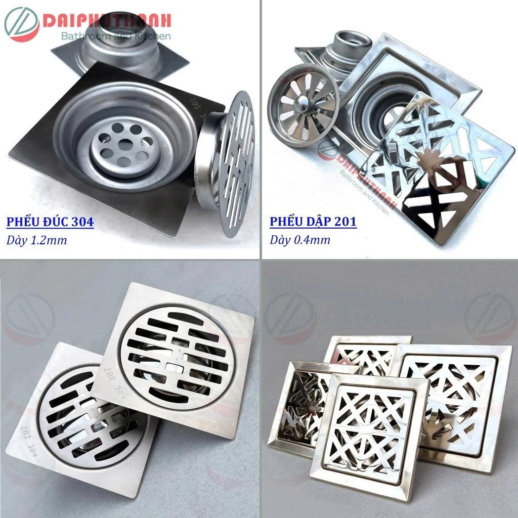 Hố Ga Phểu Thoát Sàn Inox 201 Hoặc SUS304 Nhiều Mẫu - Nhiều kích thước vuông 10cm, 12cm và 15cm