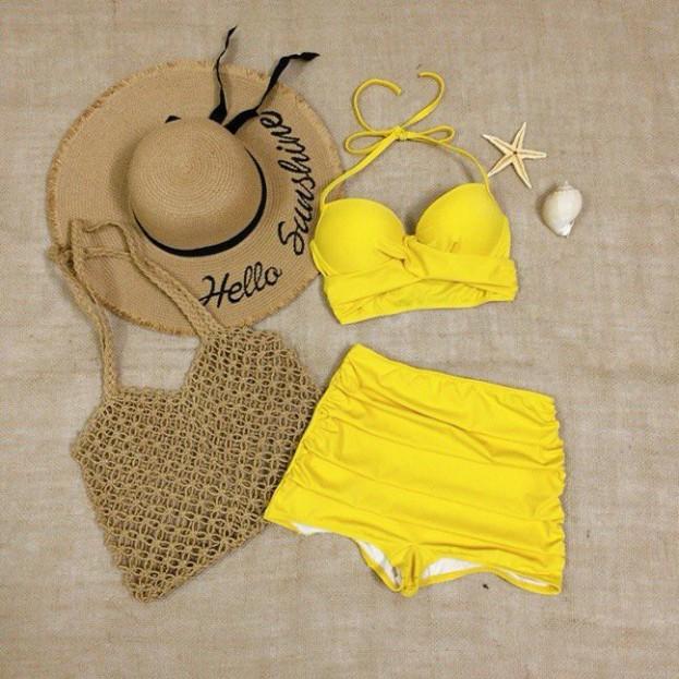 Bikini 2 mảnh áo crop xoắn nâng ngực mix quần short nhún kín đáo (HÌNH THẬT)