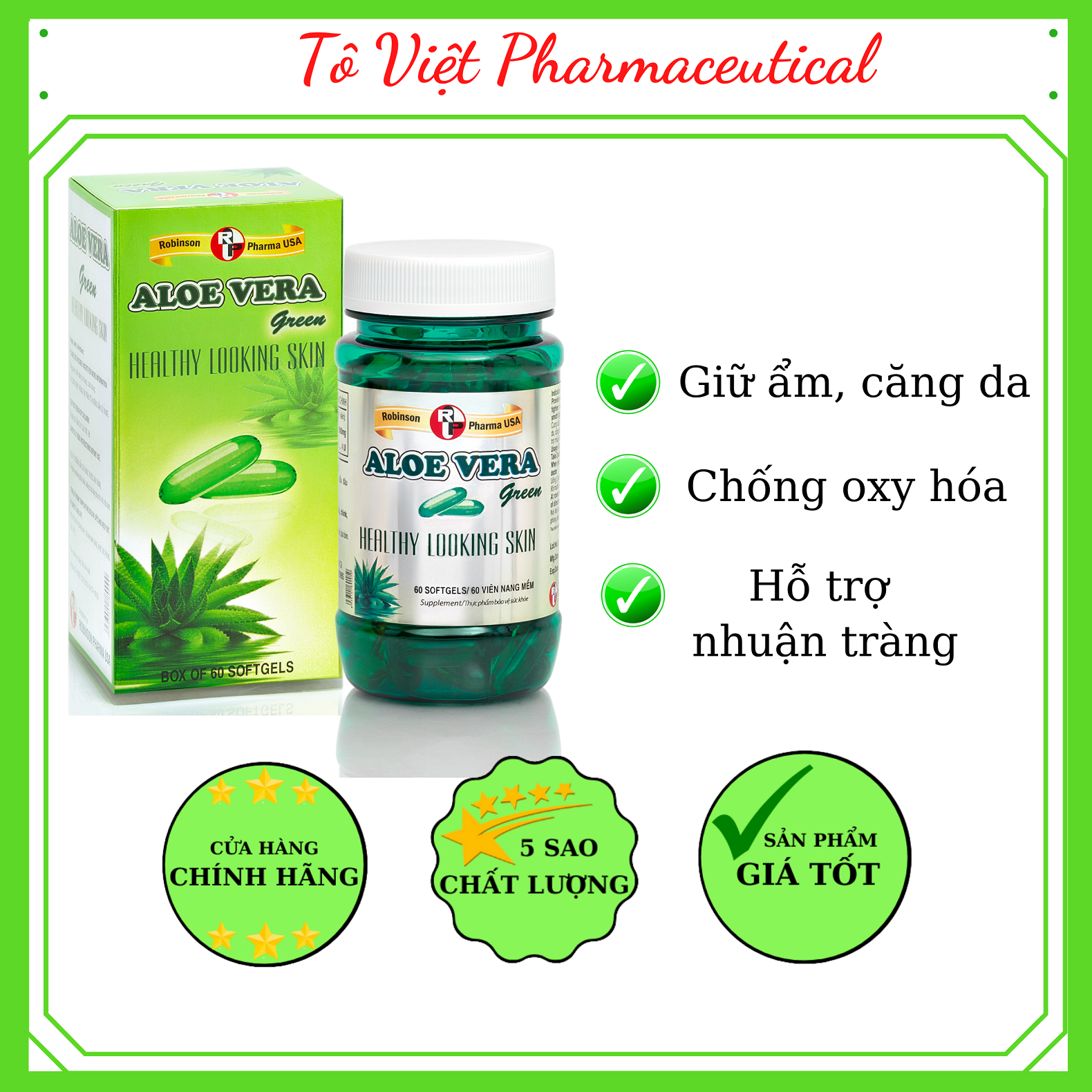 TPCN-Robinson Pharma USA-ALOVERA Green-Viên uống đẹp da,hỗ trợ giữ ẩm cho da,nhuận tràng