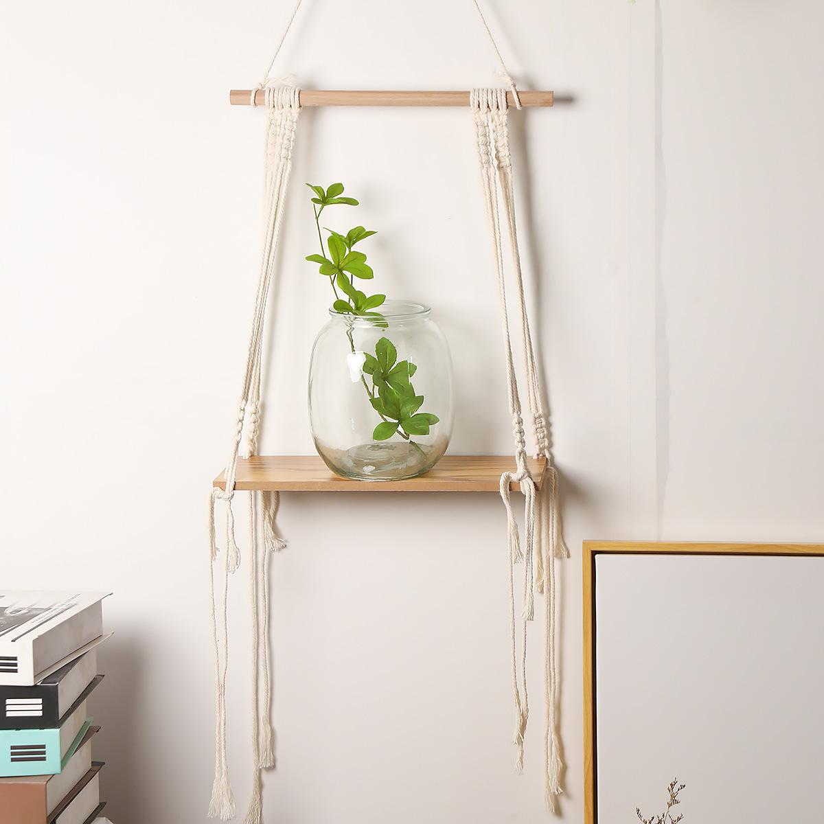Kệ Treo Tường Gỗ Macrame Bohemian Deco Thực Vật Đơn Giản Tua Rua Bằng Tay Dệt Phòng Ngủ Phòng Khách WC Kệ Treo Dây