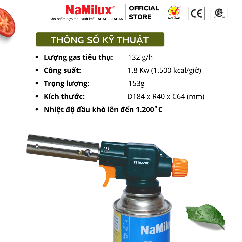 Đèn Khò Gas NaMilux TS1922RF/NH-T2922RF - Sử Dụng Mọi Tư Thế 360° - Đánh Lửa Tự Động -Công Suất 1,800W - Hàng Chính Hãng