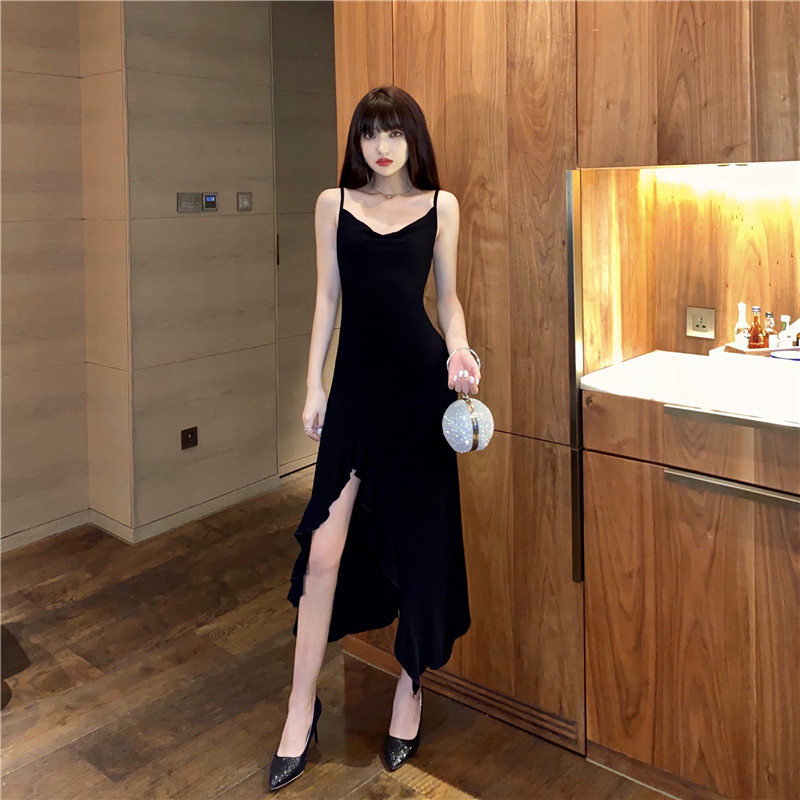 Hàng Quảng Châu - Đầm body 2 dây maxi thun đen xẻ đùi sang chảnh - d107193