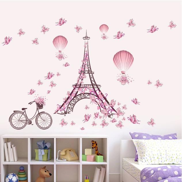 Decal trang trí tường - Tháp Lớn Bướm Hồng Dâu