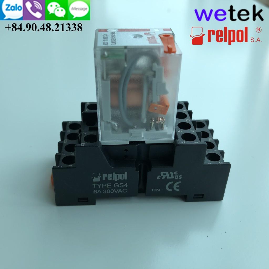 Relay trung gian 4 cặp tiếp điểm 7A Relpol made in Poland R4N kèm đế, cuộn hút 220Vac