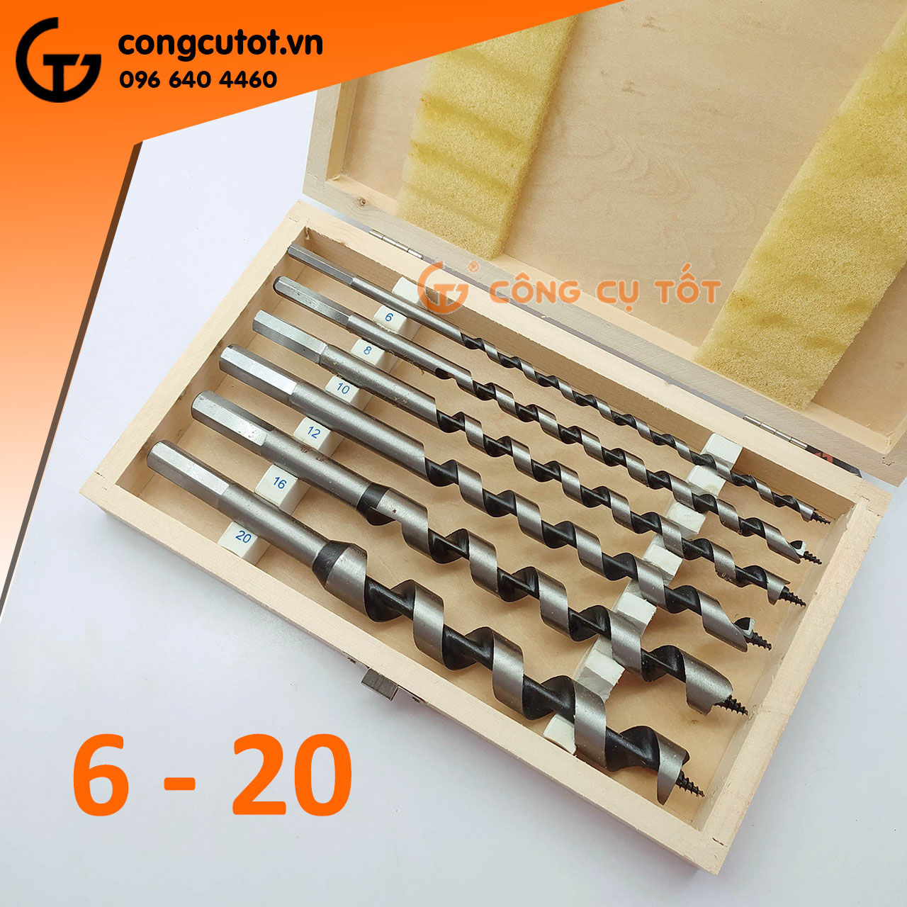 Hộp 6 mũi khoan gỗ xoắn ốc chuôi lục 6-20mm