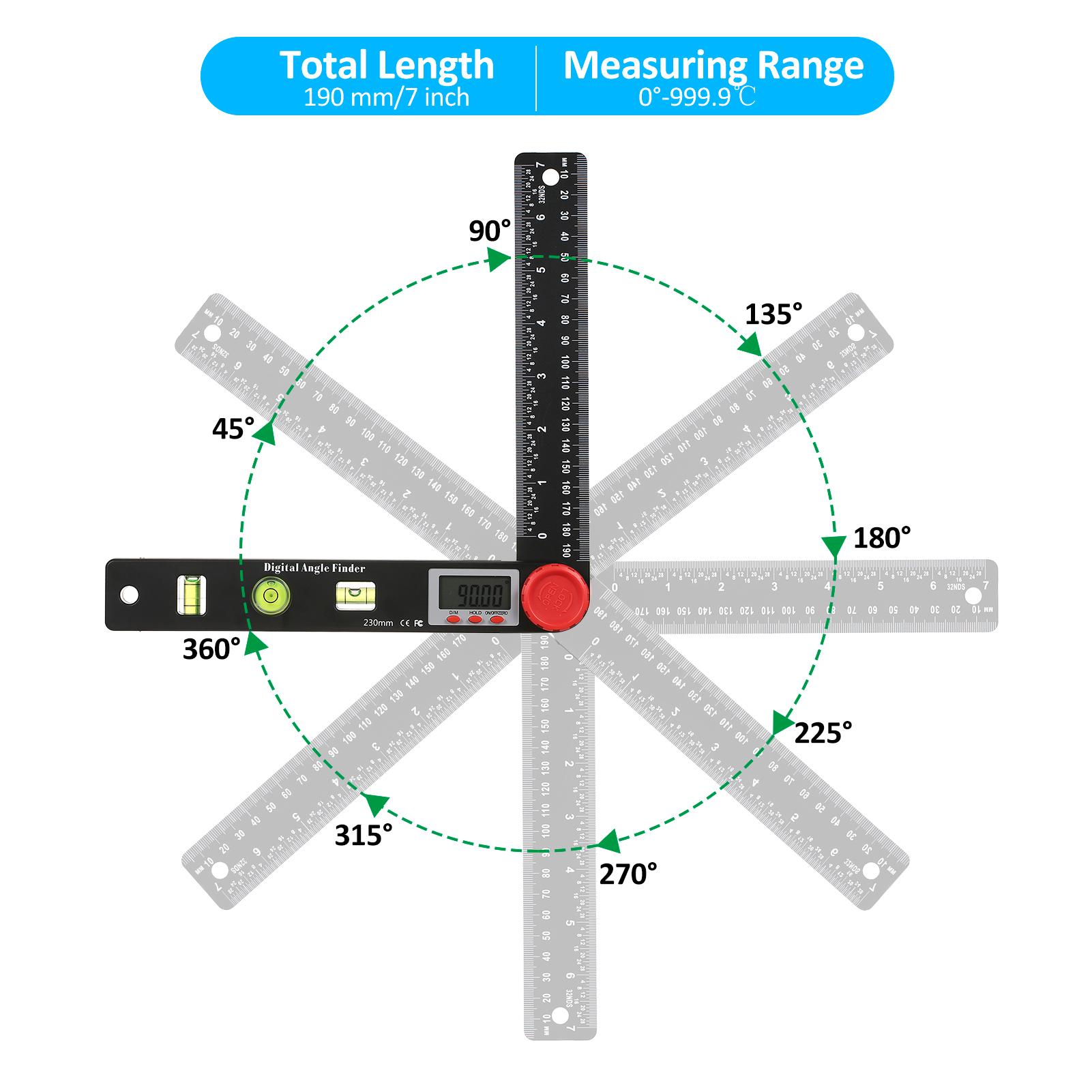 Digital Protractor Ruler Angle Finder, Protractor Ruler Level Tool, Multifunction Level Ruler 7 Inch, 3 Bubble Level Guage, Horizontal, Vertical Level Measuring with LCD Display