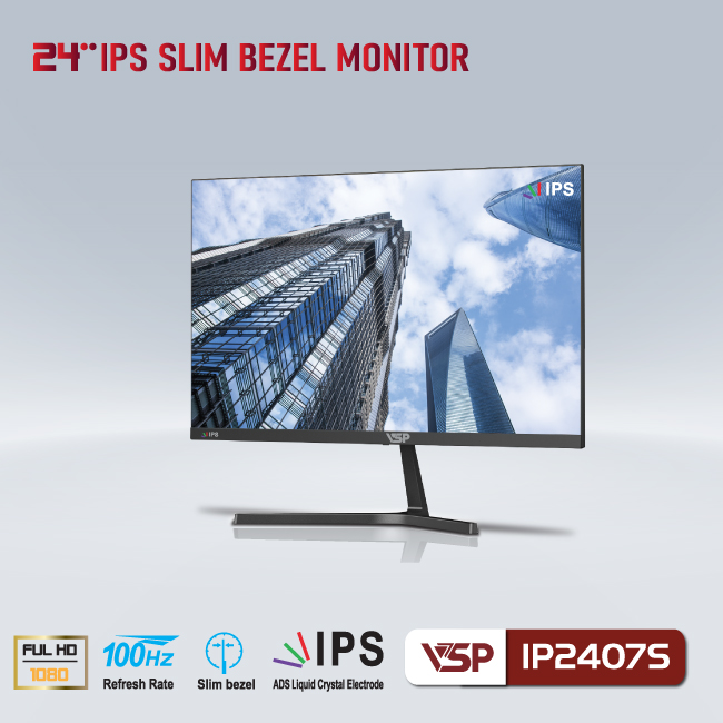 Màn hình Tràn viền Gaming VSP IP2407S 24inch (23.8&quot; IPS FHD 100Hz, HDMI+VGA+Audio 3.5) - Hàng chính hãng TECH VISION phân phối