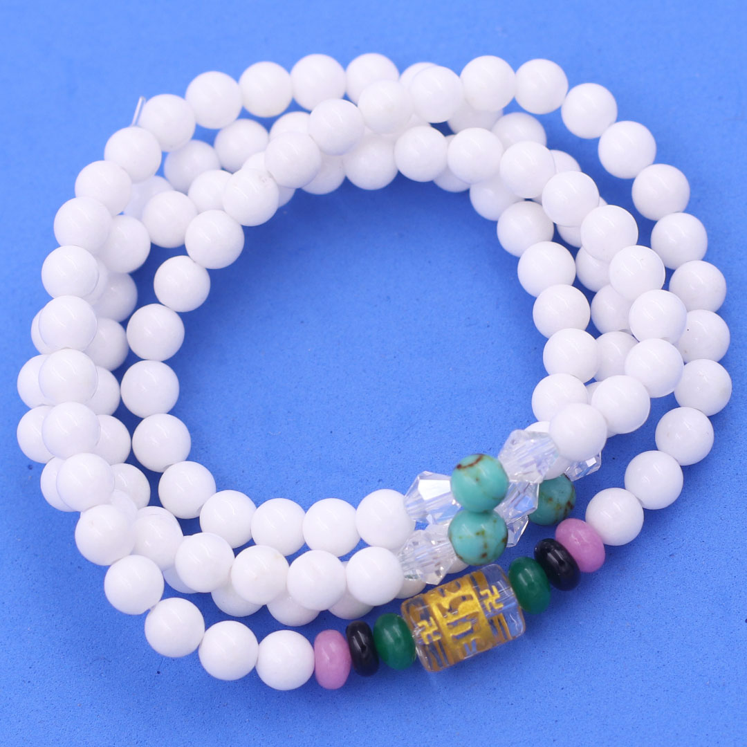 Vòng chuỗi 108 hạt san hô trắng 6 ly charm lục tự kim ngôn, vòng chuỗi niệm Phật, vòng chuỗi đeo tay