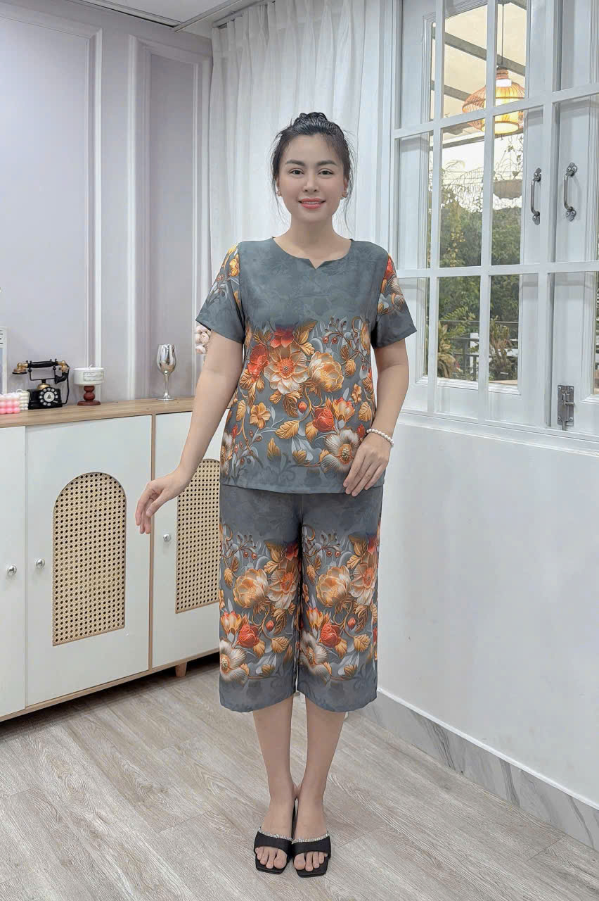 Đồ Bộ Ngủ Trung Niên Quần Lửng Chất Vải Lụa Bộ Lửng Mặc Nhà Cho Mẹ Đồ Ngủ Trung Niên