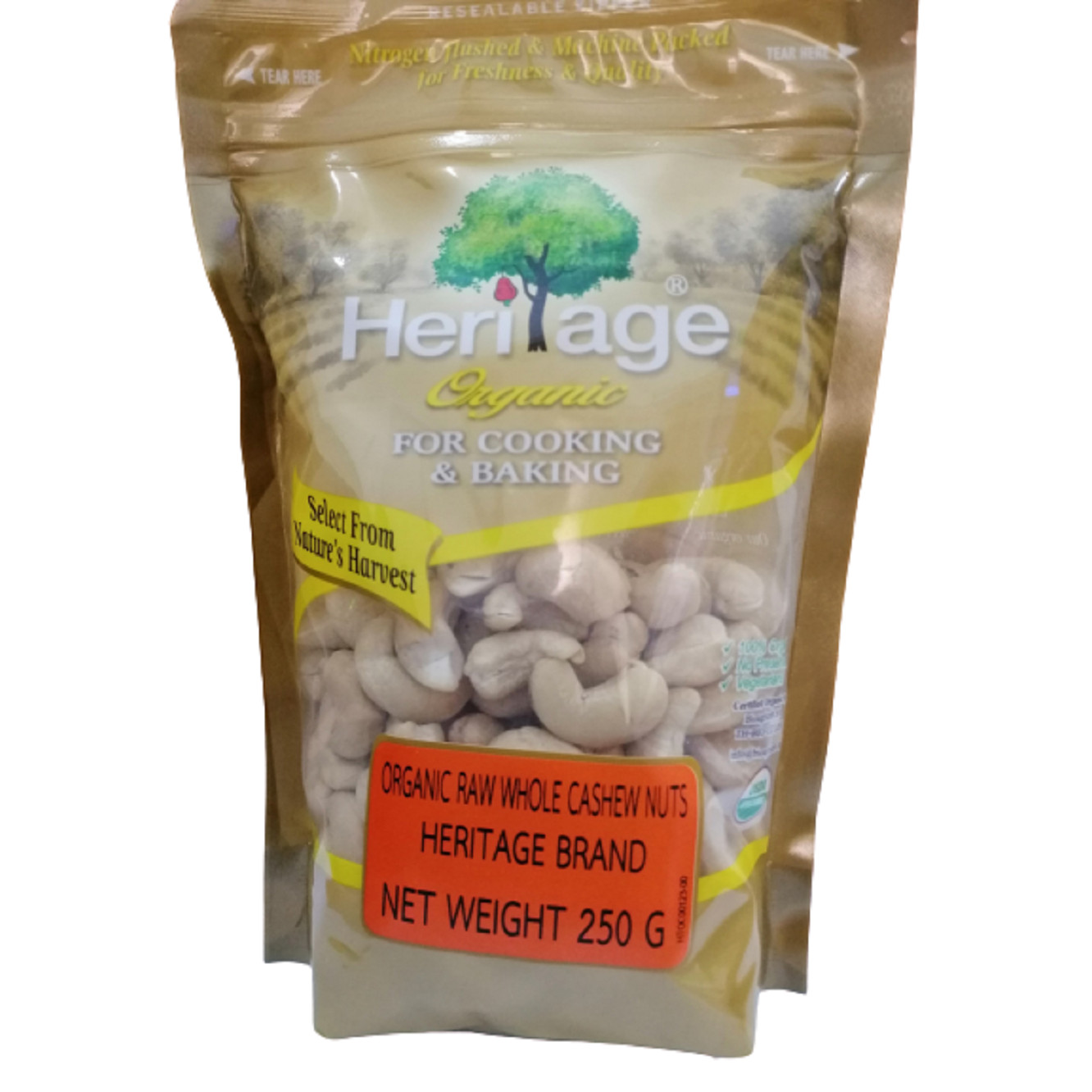 Hạt Điều Nguyên Hạt Hữu Cơ Heritage  được chứng nhận hữu cơ USDA Hoa Kì gói 250g-Organic Raw Whole Cashew Nuts