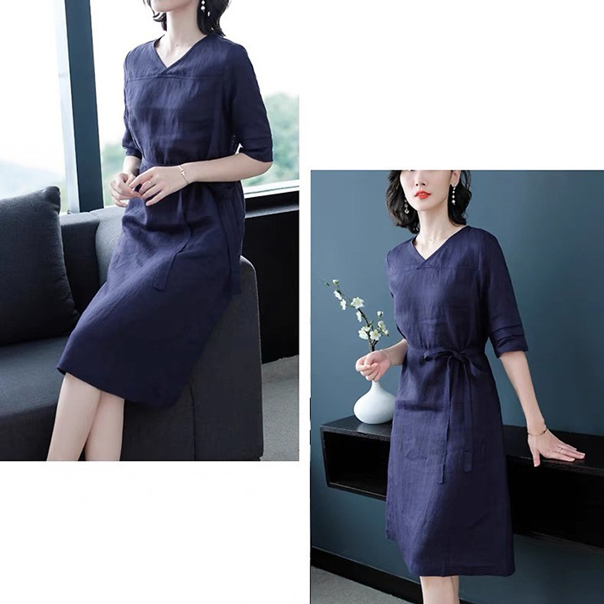 Đầm suông Linen bột Premium cổ tim chồng tay lỡ