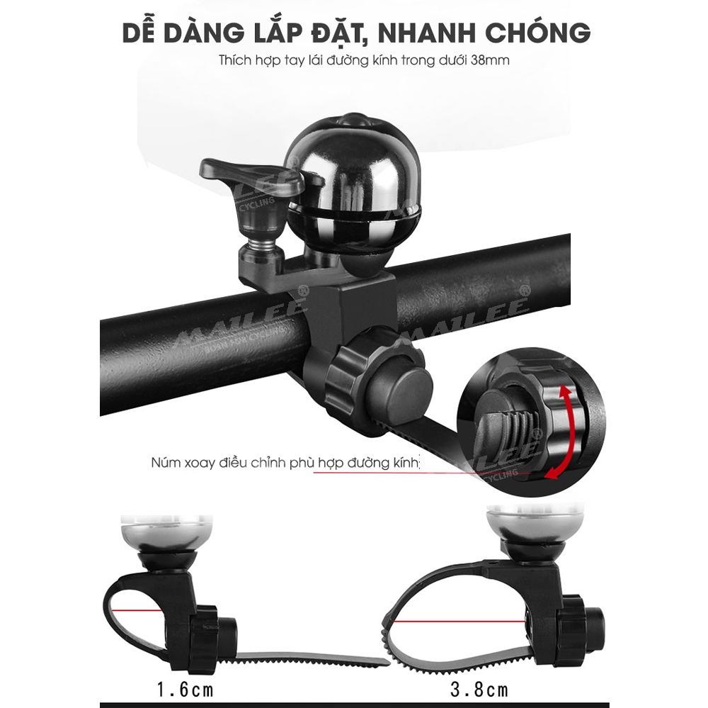 Chuông Xe Đạp Retro cho xe đạp, âm thanh 90dB, chất liệu đồng đường kính tay lái dưới 16-38mm, phù hợp nhiều loại xe phổ thông - Mai Lee